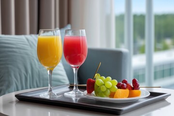 Enjoying fresh fruit and juice in hotel room