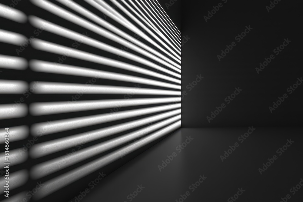 Poster transitioning light through venetian blinds creates an engaging shadow effect in a minimalistic spac
