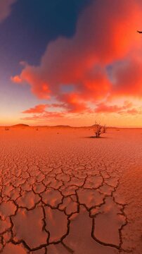 Concept image of climate change, with a lone dead tree in a cracked desert under a fiery sunset - 360 loop video