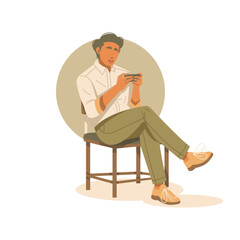 handsome man sitting with playing game online isolated illustration