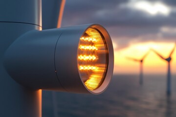 Dusk at Eems with wind turbine anticollision light illuminating the horizon, Wind turbine with anti-collision light at dusk, Eemshaven, Netherlands