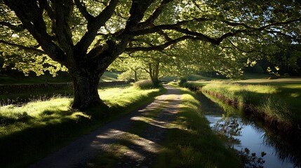 Naklejka premium Scenic Countryside Path with Lush Greenery and Canal