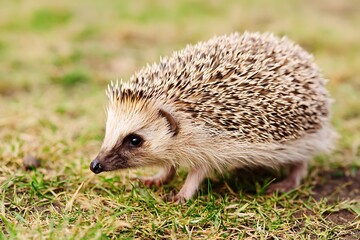 Cute hedgehog exploring the grassy field
