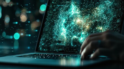 A person using a laptop displaying a glowing, digital network visualization in a dark, tech-inspired environment.