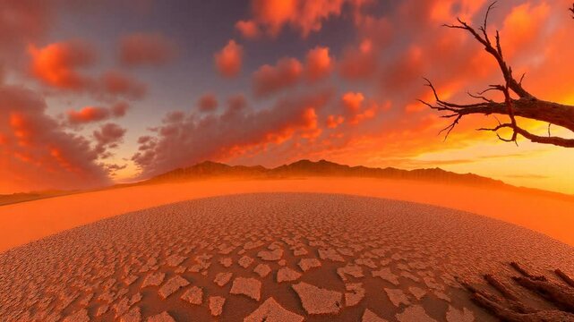 Concept image of climate change, with a lone dead tree in a cracked desert under a fiery sunset - 360 loop video