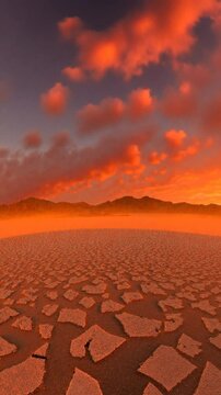 Concept image of climate change, with a lone dead tree in a cracked desert under a fiery sunset - 360 loop video