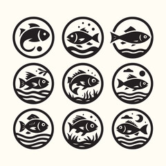 Fish vector icons set. Fishing symbols on white background