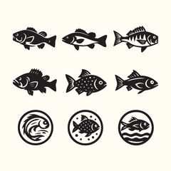 Fish vector icons set. Fishing symbols on white background