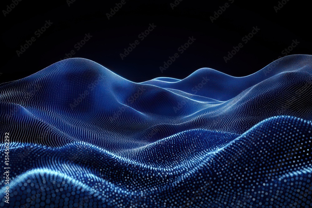 Poster Digital blue abstract wave design with luxurious sparkling texture in a dark setting, Digital blue abstract luxurious sparkling wave particles flow de-focus background