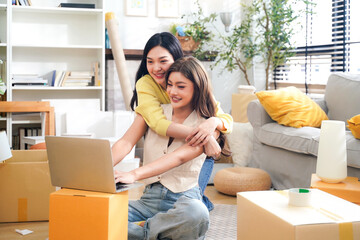 Shopping and Delivery shopping online.  Woman and friend freelance business small SME receive order from customer and packing product.