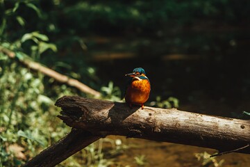 Kingfisher perched on a fallen branch
