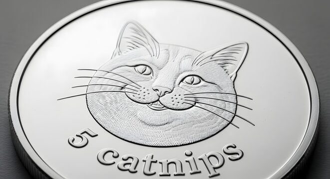 A detailed close-up captures a charmingly engraved coin. The coin features a delightful cat and the inscription "5 catnips".