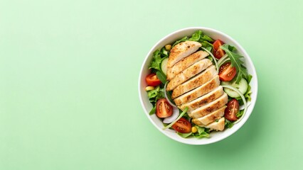 White Bowl of chicken breast salad on isolate green color background