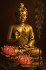 Fototapeta premium Golden figure in meditative pose with serene expression, accompanied by lotus flowers and incense. Spiritual ambiance.