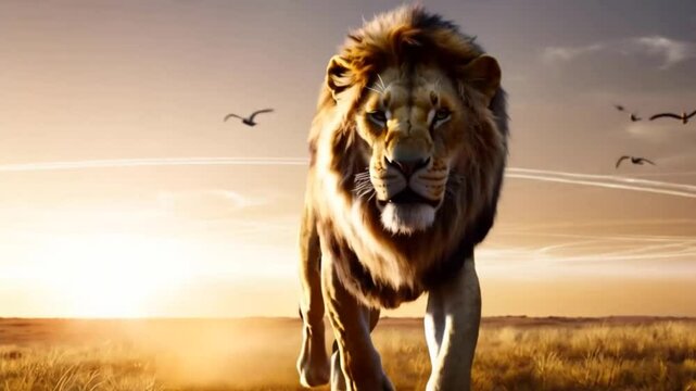 A majestic lion walking across savanna during golden hour, with dust swirling and birds flying overhead.