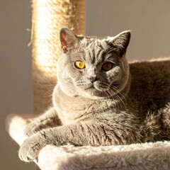 British Shorthair cat lying on cat tree in warm sunlight, looking at camera