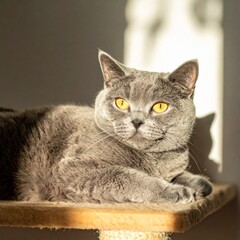 British Shorthair cat lying on cat tree in warm sunlight, looking at camera