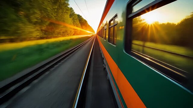 High-speed train moving through countryside at sunset with motion blur, glowing sunlight, green trees, and parallel railway tracks in view

