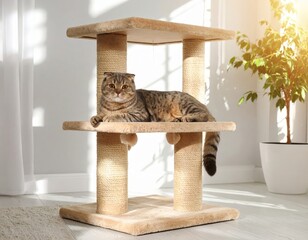 Scottish Fold cat is lying cozily on a shelf of its cat tree, basking in the warm sunlight streaming through the window and looking in the camera