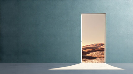 Door half open in textured blue wall reveals surreal desert landscape with rolling sand dunes under soft, warm sky, evoking sense of mystery and liminality
