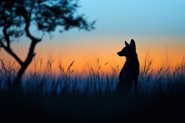 Black-backed jackal observes the African sunset in the bushveld savanna, Black-Backed Jackal in Africa Nature Bushveld Savannah at dusk