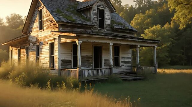 Old abandoned wooden house with peeling paint and overgrown grass in rural countryside setting during golden hour light and forest backdrop

