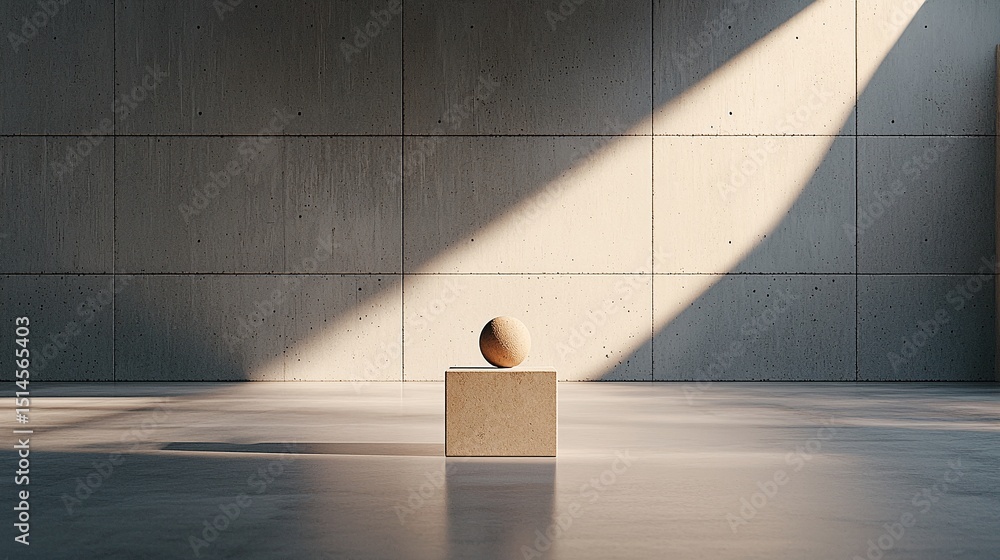 Poster abstract stone object on cube pedestal with spotlight in minimalist setting
