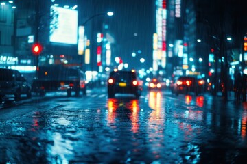 Obraz premium Defocused city traffic lights create a colorful reflection on a rainy night in an urban setting, Defocused city traffic lights at night