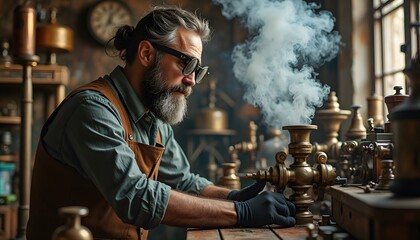 A master artisan with beard intently focused on his craft, surrounded by intricate steampunk machinery. Witness his skill and dedication.