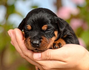 Closeup of a Cute Black and Tan Puppy Resting on a Hand.