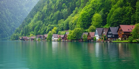 Obraz premium Picturesque Lakeside Village nestled in Lush Green Mountains Tranquil Houses near Calm Water