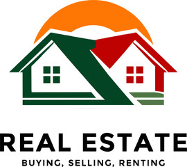 real estate logo , real estate icon , two houses with different roof colors under a sun graphic
