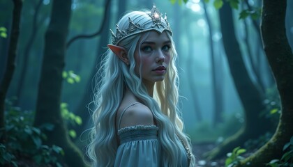 An ethereal elven queen stands gracefully within a mystical forest, her gaze fixed with an aura of otherworldly beauty, clad in intricate attire, embodying fantasy.