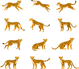 Collection of cartoon cheetahs in various poses on a white background