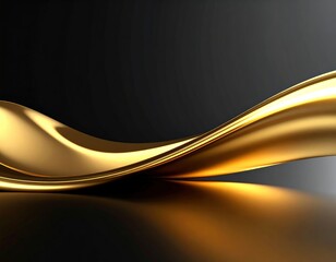 A golden fluid wave flows smoothly against a dark background creating a luxurious and elegant abstract design with reflections on a glossy surface.