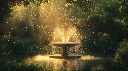 Tranquil view of a park fountain surrounded by greenery, with golden sunlight glimmering off the water droplets.