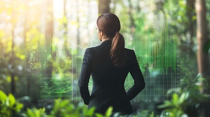 Businesswoman standing in front of a digital chart showing ESG performance with green nature elements blended into the design.