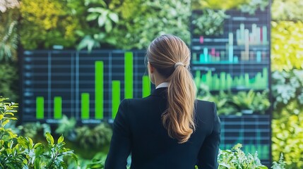 Businesswoman standing in front of a digital chart showing ESG performance with green nature elements blended into the design.