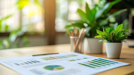 Clean, minimalist office with green potted plants and ESG reporting documents spread on a table, showing the harmony of nature and business.