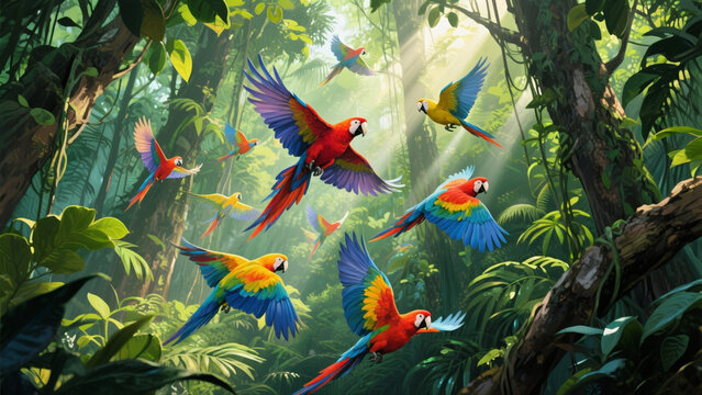 A flock of colorful parrots flying through the dense trees of the Amazon rainforest