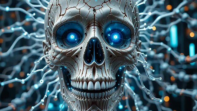 Futuristic skull with glowing blue eyes and cybernetic design on abstract tech background. Sci-fi horror concept