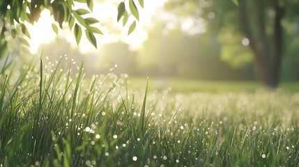 Close-up of fresh grass with morning dew drops sparkling under the soft sunlight in a serene park setting.