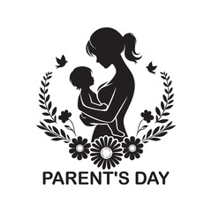 Parent's Day Silhouette Vector Illustration, Solid White Background.