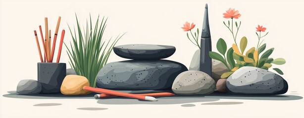 Zen spa still life with black stones bamboo and green leaves for natural relaxation