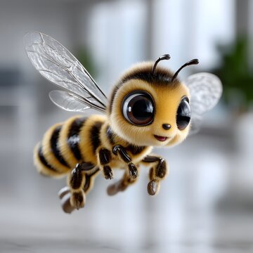 Adorable Cartoon Bee with Large Eyes and Detailed Wings in Fligh