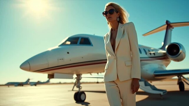 Confident Woman Walking Near Private Jet  
