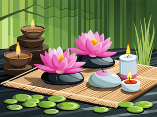 vector of Pink lotus flowers on black stones with lit candles on bamboo mat wrapped in white towel, relaxing spa scene...