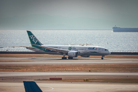 An ANA Boeing 787 airplane taxiing at the Haneda airport, 21 Nov 2023, Haneda Airport, Tokyo, Japan 