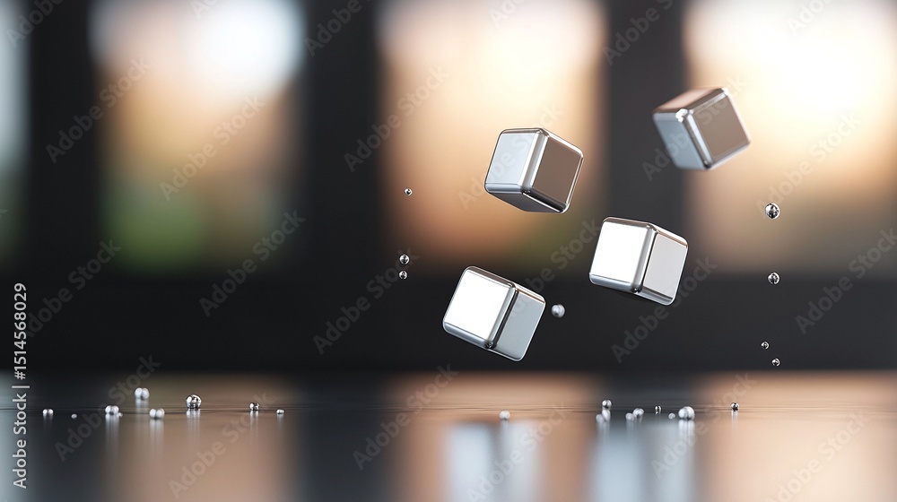 Poster floating metallic cubes with reflections