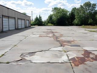 Empty cracked concrete loading dock area with rust stains near industrial building and green trees under blue sky with clouds